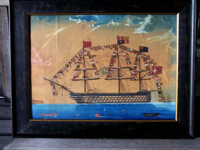 A 19th century watercolor and ink painting of a fully rigged English Man-of-War flying the Royal Sovereign indicating that Queen Victoria was onboard the ship. — image 2